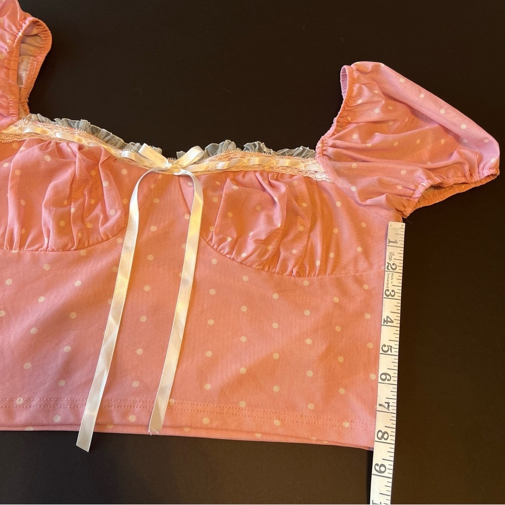 Sugar Thrillz lined mesh crop top, pink with white polka dots, puff short sleeve - Picture 8 of 13